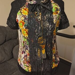 Turkish Made Mixed Media Stylish Zip Up, Mesh Sleeve Blouse